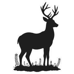 Deer Silhouette Standing in Grass with Antlers - Elegant Black and White Wildlife Vecto