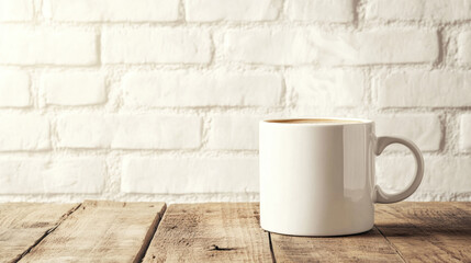 A steaming white coffee mug with a simple design, placed on a rustic wooden surface in front of a white brick wall, leaving empty space for text or design elements