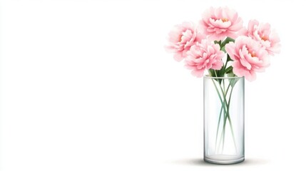 Obraz premium A watercolor illustration of a tall glass vase filled with fresh pink peonies, painted with delicate details 