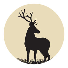 Deer Silhouette Standing in Grass with Antlers - Elegant Wildlife Vector in Circular Design