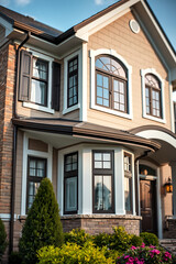 Luxury Home Exterior: Modern Brick House with Classic Design and Landscaping.  A stunning example of residential architecture, showcasing beautiful windows and curb appeal.