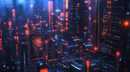 Obraz premium Smart digital Innovation city with connection network reciprocity over the twilight cityscape. of future smart wireless digital city and social media networking systems that connects people with city 