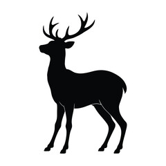 Deer Silhouette with Large Antlers Standing Gracefully - Black and White Vector Illustration (2)