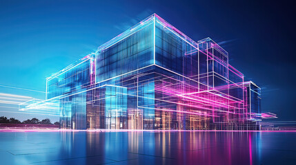 Photorealistic holographic projection of a futuristic building, glowing neon beams, sleek modern office