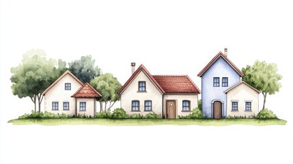 A watercolor illustration of small, charming village houses with red roofs and green gardens