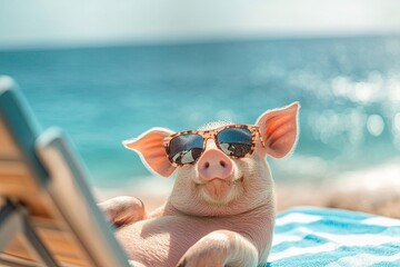 a pig in sunglasses sunbathes on a sun lounger. summer and vacation concepts. against the backdrop of the sea.