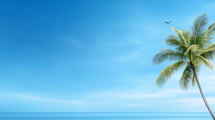 Fototapeta premium Palm tree is on the beach next to the ocean. Minimalistic blue background.