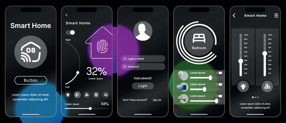 Sleek vector illustration of a smart home app interface displayed on a smartphone. The design features a glass base, modern icons and controls.