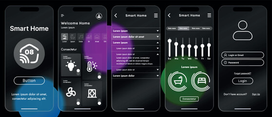 Sleek vector illustration of a smart home app interface displayed on a smartphone. The design features a glass base, modern icons and controls.