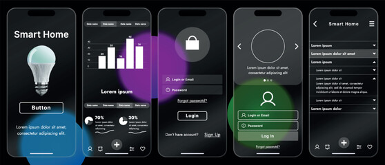 Sleek vector illustration of a smart home app interface displayed on a smartphone. The design features a glass base, modern icons and controls.