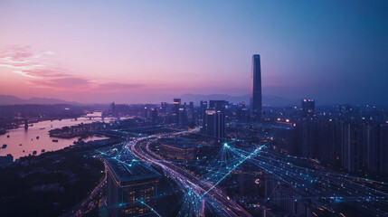 Obraz premium Smart digital Innovation city with connection network reciprocity over the twilight cityscape. of future smart wireless digital city and social media networking systems that connects people with city 