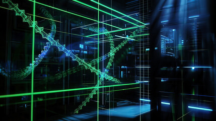 Photorealistic holographic projection of a rotating DNA strand, glowing blue and green beams of light, futuristic lab