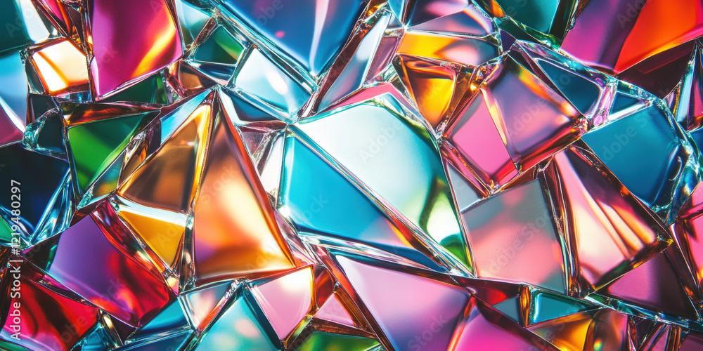 Poster a background of fragmented glass shards in various translucent colors, arranged in a kaleidoscopic p