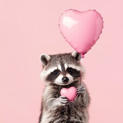 A smiling raccoon holds a pink heart-shaped balloon. plain bright colored background.
