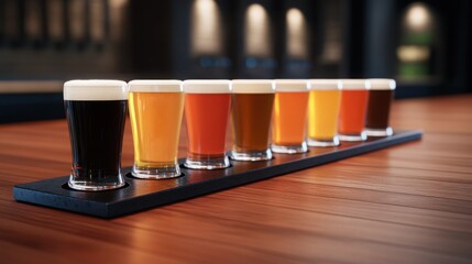 an upscale brewery with a tasting session, showcasing premium beer flights in elegant glassware on a polished wooden table