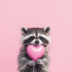 Obraz premium A smiling raccoon holds a pink heart-shaped balloon. plain bright colored background.