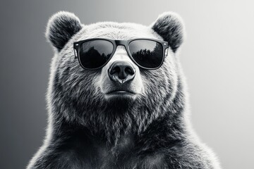 bear in sunglasses on a monochromatic background, surreal portrait of an animal.