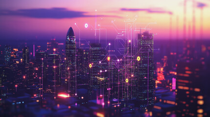 Obraz premium Smart digital Innovation city with connection network reciprocity over the twilight cityscape. of future smart wireless digital city and social media networking systems that connects people with city 