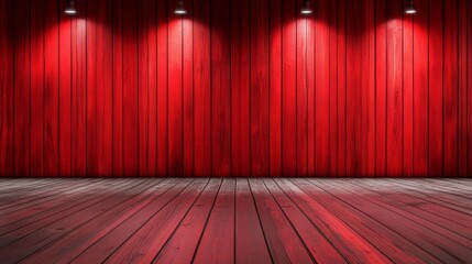 Red Wooden Room Interior - Empty stage, red wood, spotlight, dramatic, theatrical. Symbolizing potential, performance, mystery, passion, and anticipation.