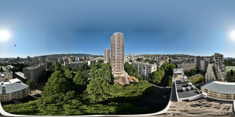 Tbilisi, Georgia - June 14, 2024: Full spherical seamless 360 degree aerial panorama of Saburtalo...