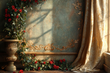 Red roses adorn an ornate antique room setting