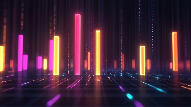 Revenue growth trends shown vibrant glowing bars ascending over a dark data grid visualizing positive financial growth in a sleek modern format