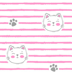 Vector hand drawn seamless pattern. Whit cat faces and paw prints on white background with pink stripes