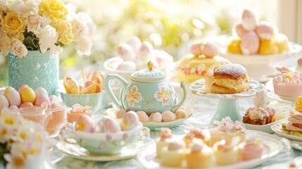 A colorful array of Easter desserts is displayed on the table, featuring various treats and traditional confections.