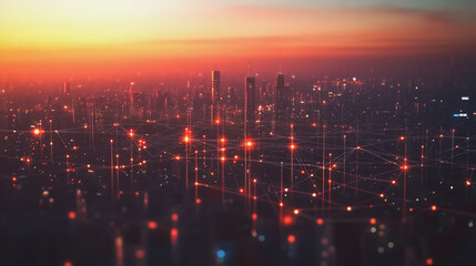 Fototapeta premium Smart digital Innovation city with connection network reciprocity over the twilight cityscape. of future smart wireless digital city and social media networking systems that connects people with city 