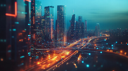 Obraz premium Smart digital Innovation city with connection network reciprocity over the twilight cityscape. of future smart wireless digital city and social media networking systems that connects people with city 