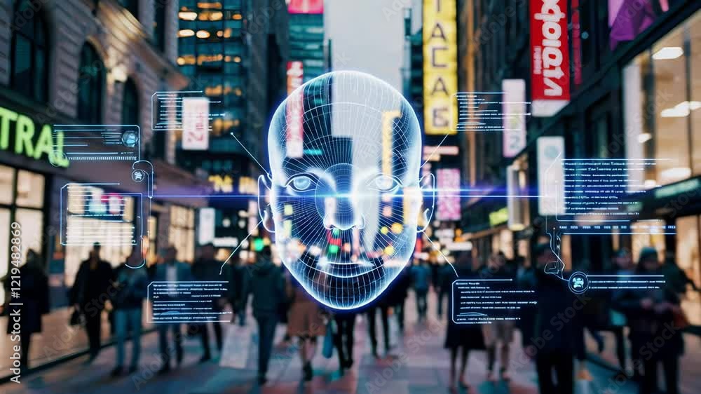 Poster advanced facial recognition software identifies and analyzes individuals navigating a bustling city 