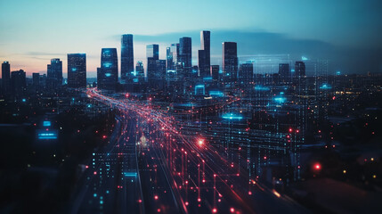 Smart digital Innovation city with connection network reciprocity over the twilight cityscape. of future smart wireless digital city and social media networking systems that connects people with city
