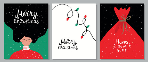 Hand-drawn Christmas cards. Vector illustration in a flat style