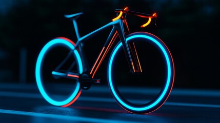 Neon-lit bicycle with glowing wheels parked on a dark street, showcasing modern design and technology