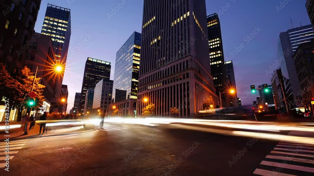 Aufkleber urban motion blur shows vehicles speeding through a city intersection at twilight, while pedestrians