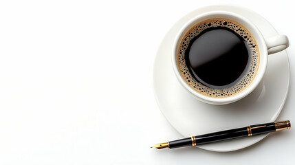 Coffee, pen, white background, workspace, morning