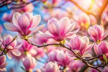 Obraz premium Spring Magnolia Blossom Branch, Pink Flowers, Blooming Tree, Nature Photography, Floral Background