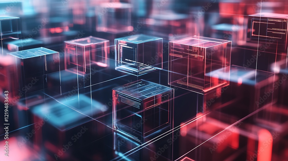 Poster a 3d-rendered background with a grid of floating, transparent cubes, each displaying different digit