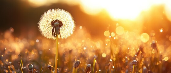 A dandelion puff illuminated by sunlight in a dewy field, creating a serene atmosphere.