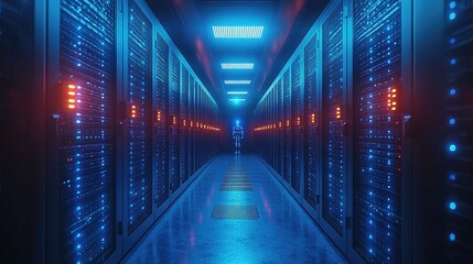 Fototapeta premium A hallway lined with tall server racks,