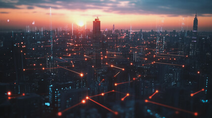 Fototapeta premium Smart digital Innovation city with connection network reciprocity over the twilight cityscape. of future smart wireless digital city and social media networking systems that connects people with city 