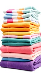 A neatly folded stack of colorful towels, isolated on white background, full depth of field