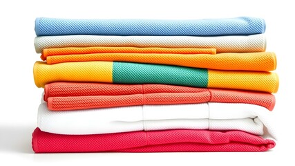 A neatly folded stack of colorful towels, isolated on white background, full depth of field