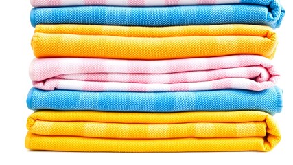 A neatly folded stack of colorful towels, isolated on white background, full depth of field