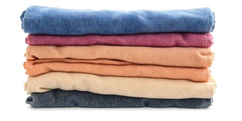 A neatly folded stack of colorful towels, isolated on white background, full depth of field