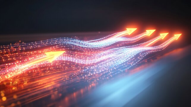 Sales conversion illustrated radiant arrows transferring glowing energy to final output zones depicting the smooth transition of leads into customers through effective sales tactics