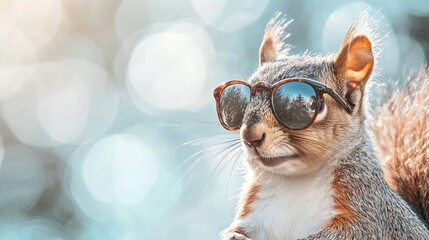 Naklejka premium squirrel in sunglasses on a monochromatic background, surreal portrait of an animal. place for text. on the side
