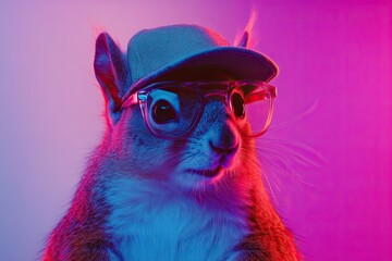 squirrel neon light. plain colored bright background. in glasses and a hat. unusual lighting.