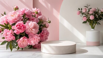 Spring Product Presentation: Pink Peonies & Pastel Podium Mockup