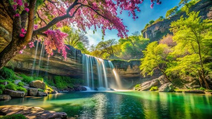 Springtime at Hamilton Pool: Double Exposure of Blossoms and Waterfall
